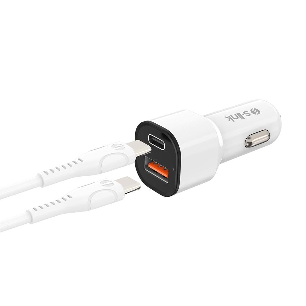 S-link SL-EC38PD TypeC to TypeC Kablolu 38W PD + USB QC3.0 Beyaz Araç Şarj Cihazı