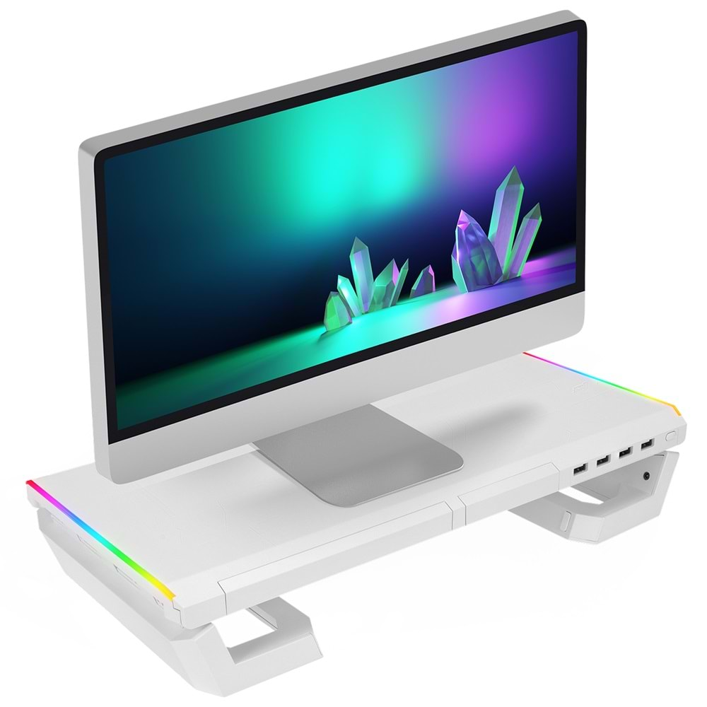 Everest ST1 4 USB Hub RGB Işıklı Katlanabilir Yükseklik Ayarlı Beyaz Monitör Standı