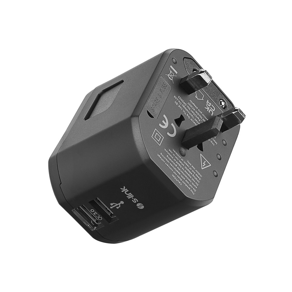 S-link SW-KC027 2*USB 2.4A + PD 20W Yedek Akım Sigortalı 100-240V Universal Çevirici Priz Adaptör