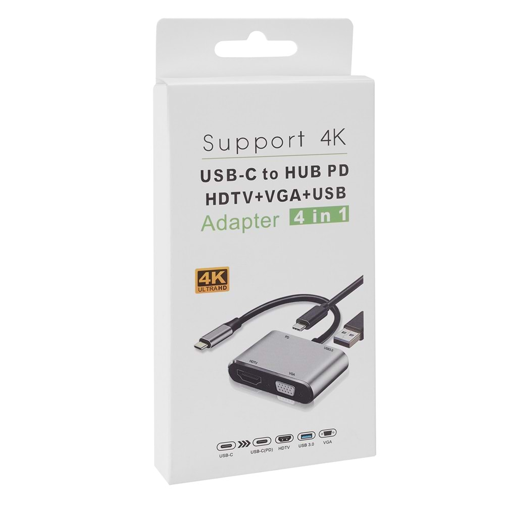 Hytech HY-USBC22 4 in 1 Type C to, PD+HDMI+VGA+USB3.0 Çevirici Hub Adaptör