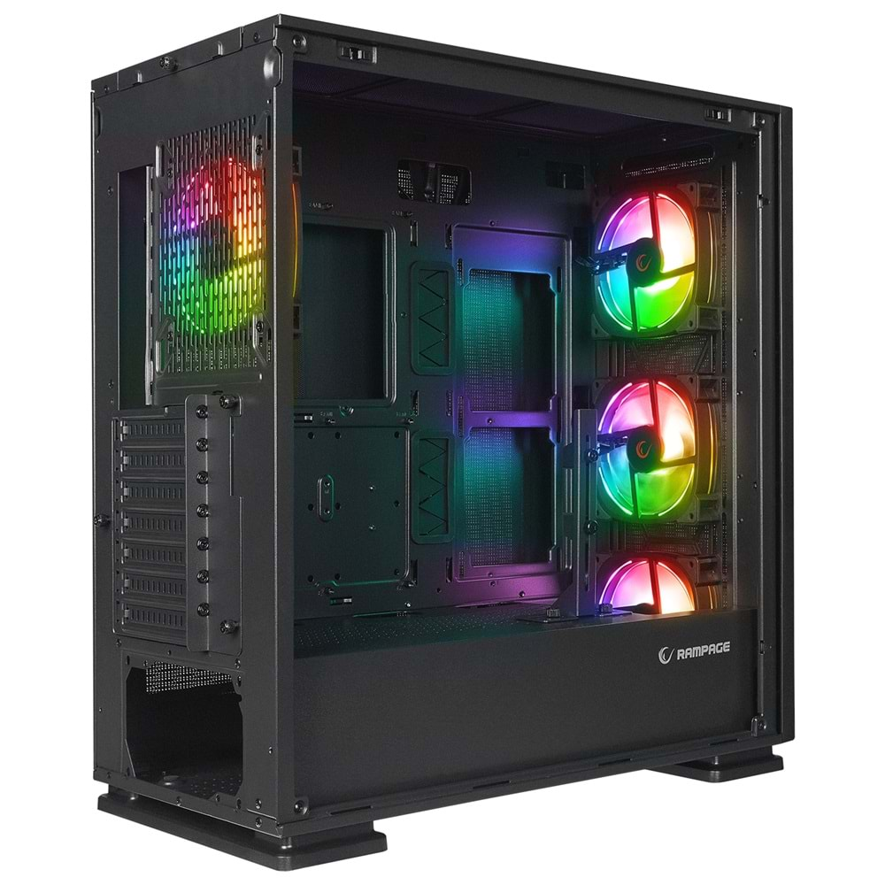 Rampage VANGUARD V2 Siyah Mesh Easy Temperli Cam Type-C*1+Usb3.0*2 Dikey VGA Tutucu 4*RGB Fan+Hub E-ATX Big-T Oyuncu Kas