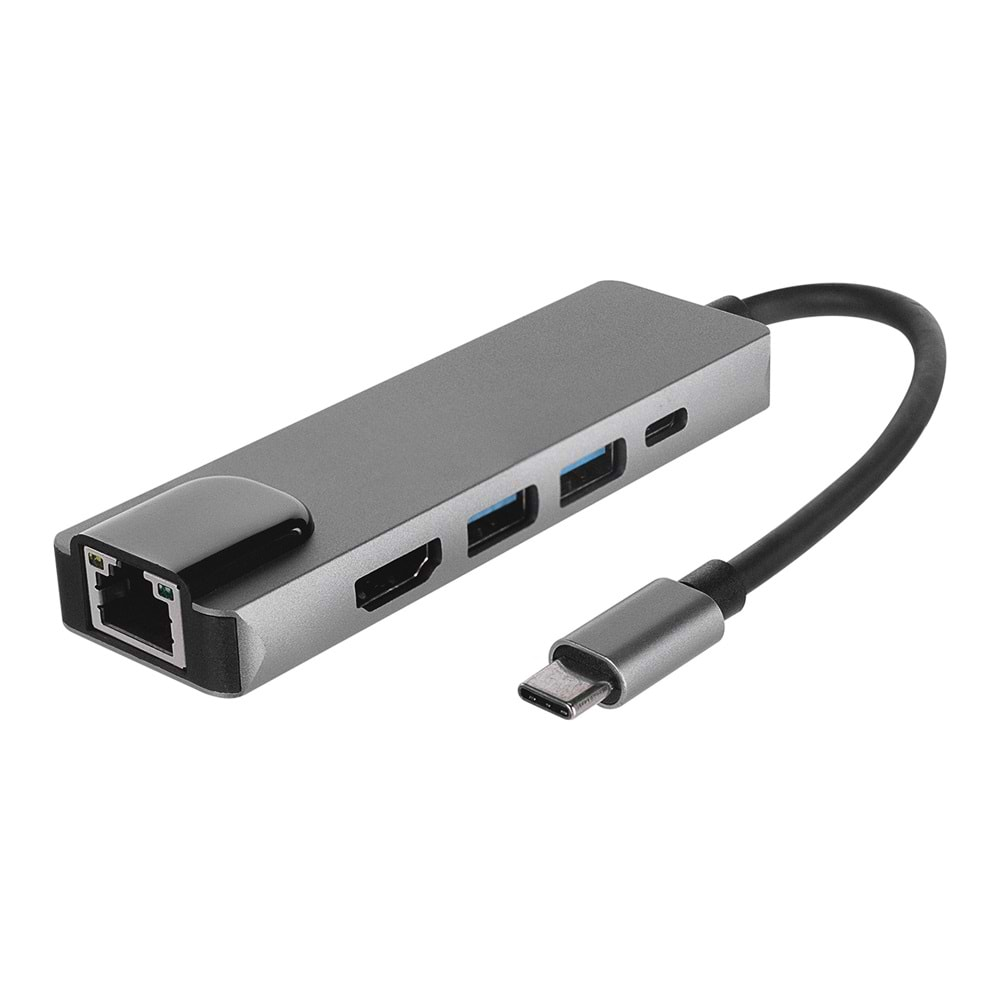 Hytech HY-USBC80 4K@30Hz Gri Metal 2xUSB3.0 1xHDMI, 1xPD 10/100/1000M Type C Adaptör