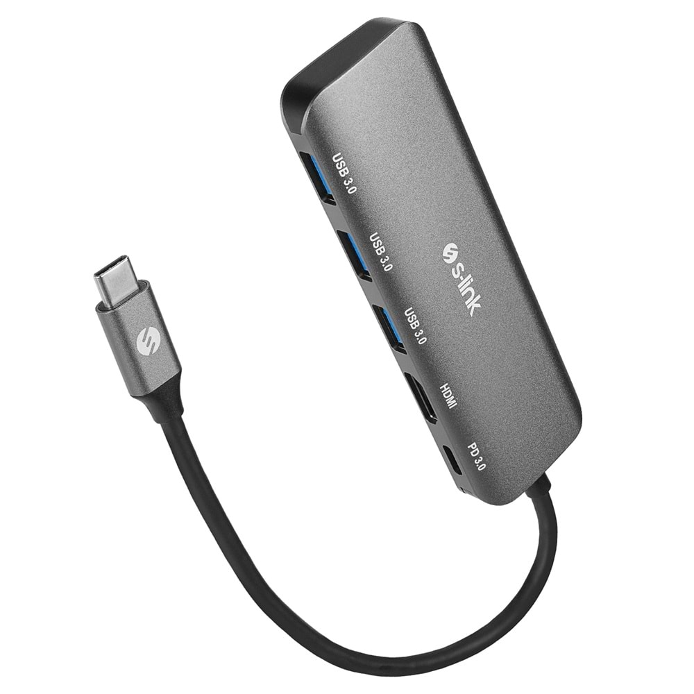 S-link SWV-USBC030 HDMI 4K 30Hz Gri Metal Type-C to 3*USB3.0 6 in 1 1xPD Şarj, 1xUSB-C Adaptör