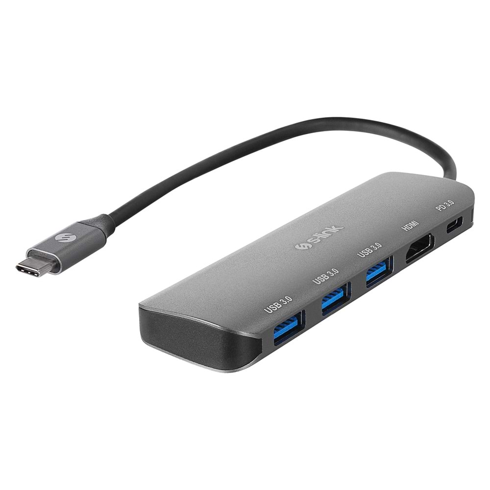 S-link SWV-USBC030 HDMI 4K 30Hz Gri Metal Type-C to 3*USB3.0 6 in 1 1xPD Şarj, 1xUSB-C Adaptör