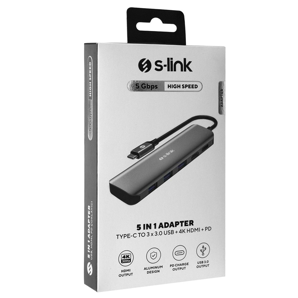 S-link SWV-USBC030 HDMI 4K 30Hz Gri Metal Type-C to 3*USB3.0 6 in 1 1xPD Şarj, 1xUSB-C Adaptör