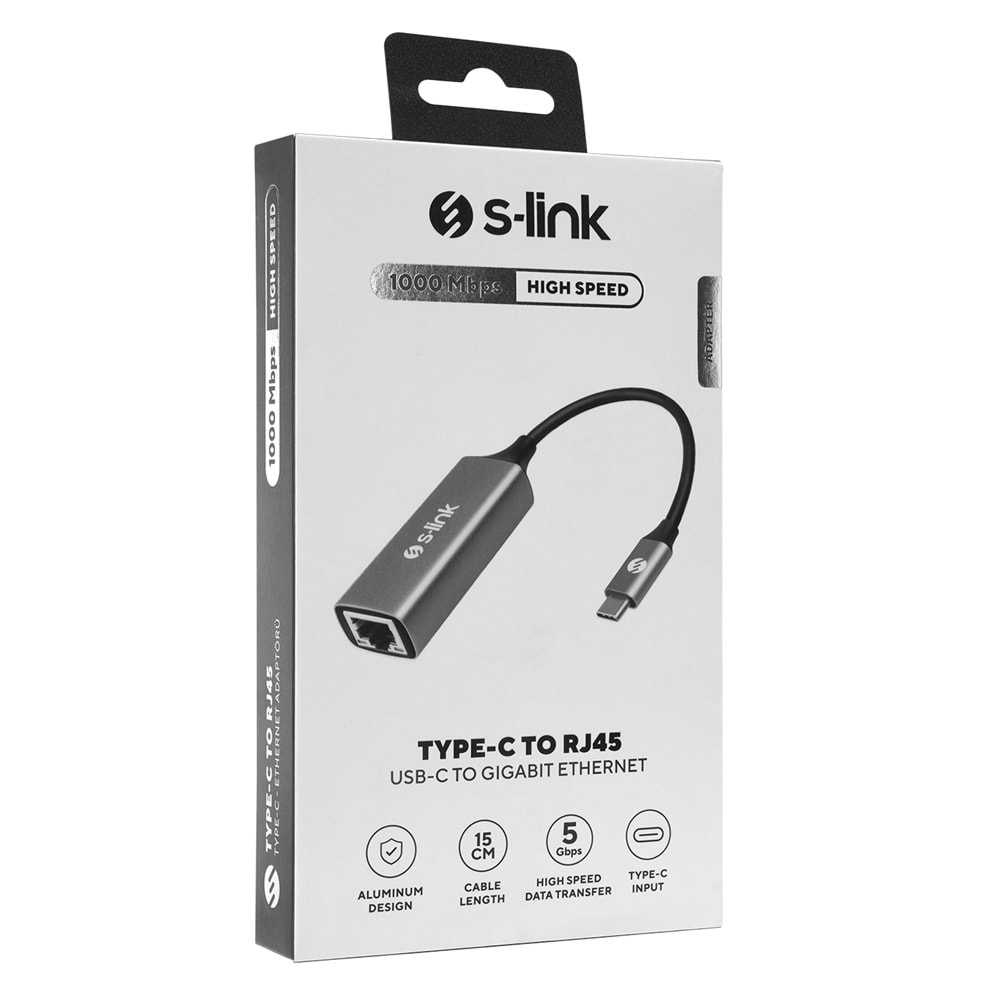 S-link SW-U336 Gri Metal Type-C to RJ45 10/100/1000Mbps Gigabit Adaptör