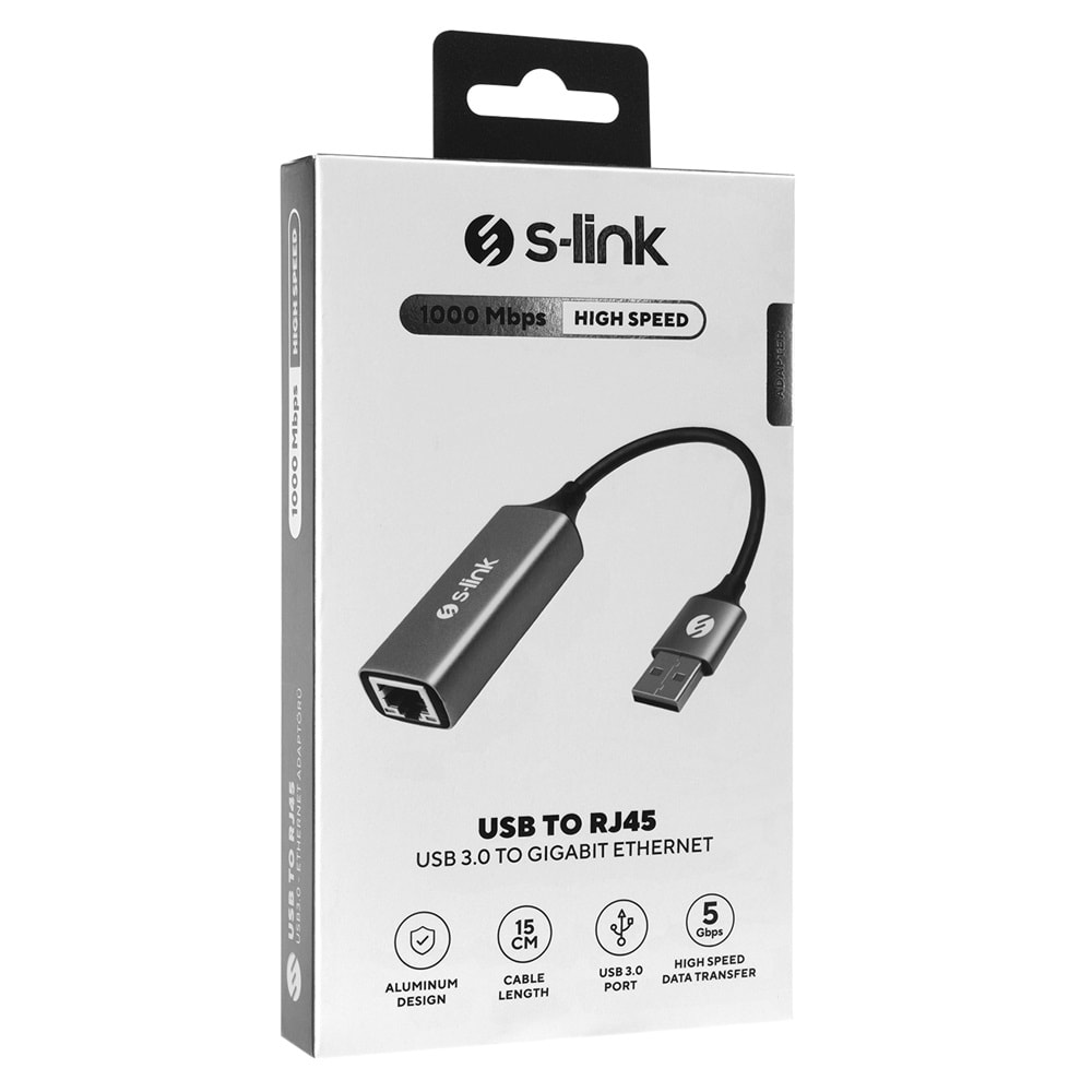 S-link SW-U334 Gri Metal USB 3.0 to RJ45 10/100/1000Mbps Gigabit Adaptör