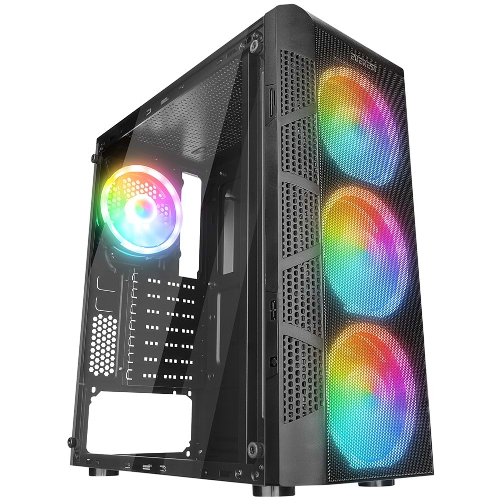 Everest CREST V1 Mesh Temperli Camlı 4x12cm Auto RGB Fan ATX Mid-T Gaming Oyuncu Kasası