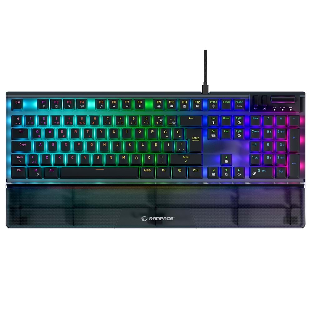 Rampage Carbon Siyah RGB Q Bilek Destekli Blue Switch Gaming Oyuncu Klavye