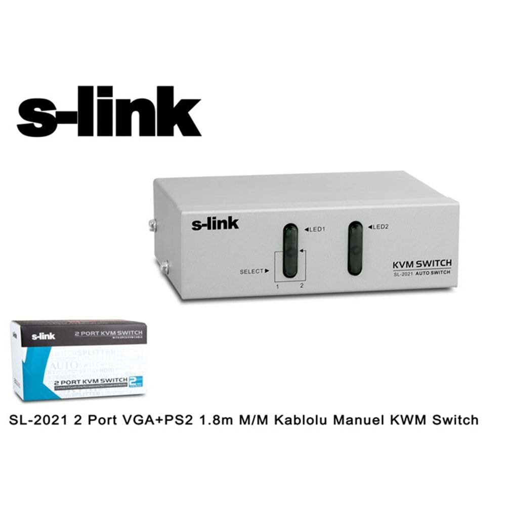 S-link SL-2021 2 Port VGA+PS2 1.8m M/M Kablolu Manuel KWM Switch