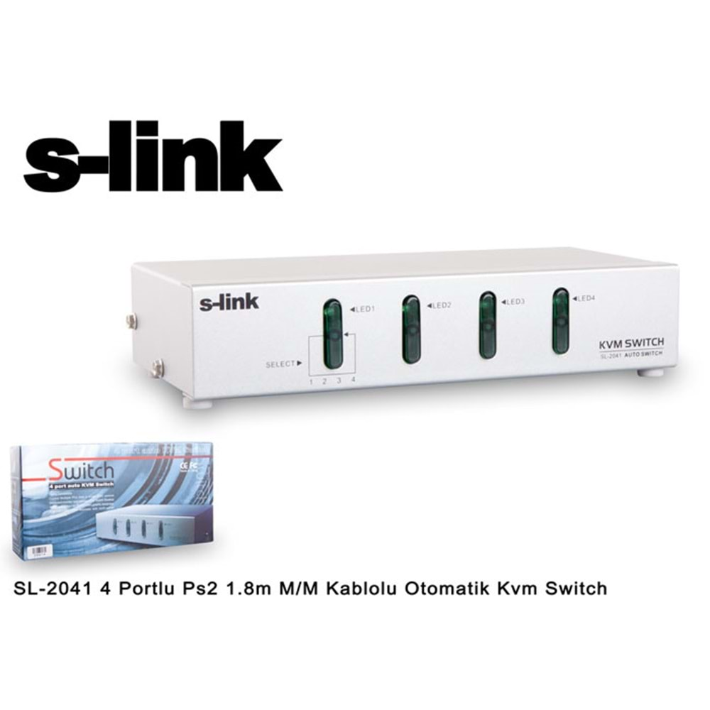 S-link SL-2041 4 Portlu Ps2 1.8m M/M Kablolu Otomatik Kvm Switch