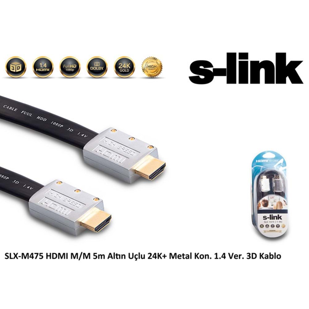 S-link SLX-M475 HDMI M/M 5m Altın Uçlu 24K+ Metal Kon. 1.4 Ver. 3D Kablo