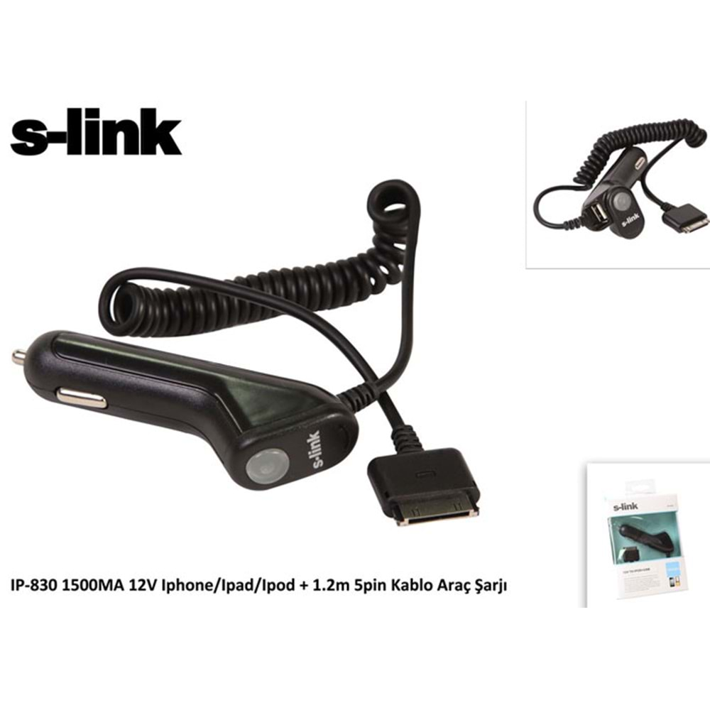 S-link IP-830 Şarj Aleti 1500MA 12V Iphone/Ipad/Ipod + 1.2m 5pin Kablo Araç Şarjı