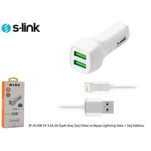 S-link IP-AC30B 5V 3.1A 2A Siyah Araç Sarj Cihazi ve Beyaz Lightning Data + Sarj Kablosu