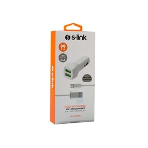 S-link AND-AC30B 5V 3.1A 2A Araç Sarj Cihazi Beyaz Micro USB Data + Sarj Kablosu