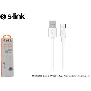 S-link TPC-KC02B 0.2m 2.4A Usb to Type-C Beyaz Data + Sarj Kablosu