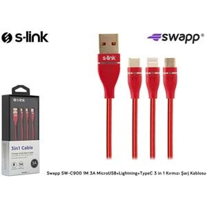 S-link Swapp SW-C900 1M 3A MicroUSB+Lightning+TypeC 3 in 1 Kırmızı Şarj Kablosu