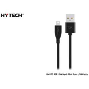 Hytech HY-X50 Usb Mini 5pin 1M 1.5A Siyah Şarj Kablosu Poşetli