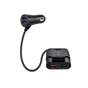 Hytech HY-XQ70 Arka Koltuğa Uzatılabilen 7A Hızlı Şarj 2 USB + 2 USB Siyah Araç Şarj Cihazı