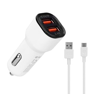 S-link SL-EC30T Type-C Kablolu 3.4A 2 USB Beyaz Araç Şarj Cihazı