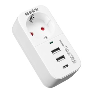 S-link SL-011 16A/250V 750 Joule 2 Usb 1 Type C 5V2.4A Isıya Duyarlı Devre ve Akım Korumalı Tekli Priz