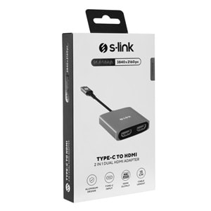 S-link SWV-USBC026 4K@30Hz Gri Metal Type-C to 2 port HDMI Adaptör