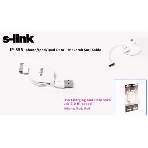 S-link IP-555 Iphone/Ipod/Ipad Data + Makaralı Şarj Kablo Şarj Aleti