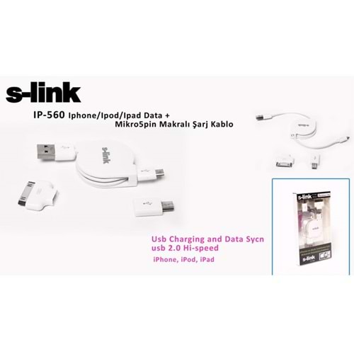S-link IP-560 Iphone/Ipod/Ipad Data + Mikro5pin Makralı Şarj Kablo Şarj Aleti