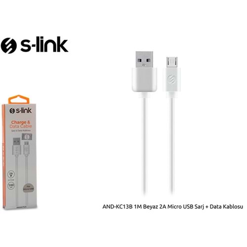 S-link AND-KC13B 1M Beyaz 2A Micro USB Sarj + Data Kablosu