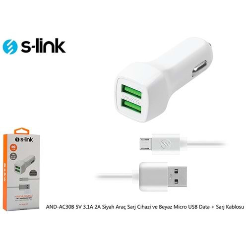 S-link AND-AC30B 5V 3.1A 2A Araç Sarj Cihazi Beyaz Micro USB Data + Sarj Kablosu