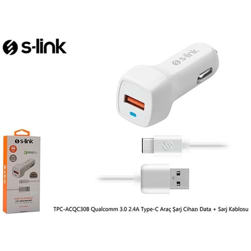 S-link TPC-ACQC30B Qualcomm 3.0 2.4A Type-C Araç Şarj Cihazı Data + Sarj Kablosu