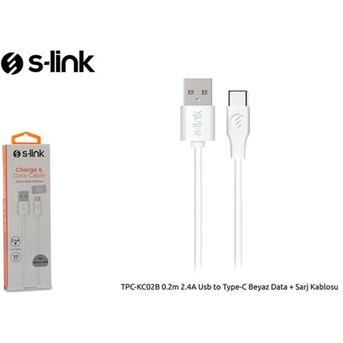 S-link TPC-KC02B 0.2m 2.4A Usb to Type-C Beyaz Data + Sarj Kablosu