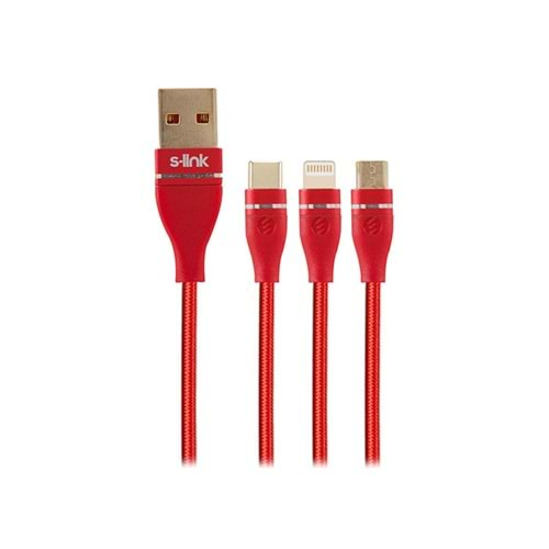 S-link Swapp SW-C900 1M 3A MicroUSB+Lightning+TypeC 3 in 1 Kırmızı Şarj Kablosu