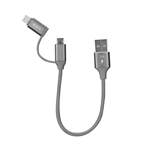 S-link Swapp SW-C220 15cm USB Micro/İPhone Kılıflı Metal Gri 2 in 1 Flat Cable