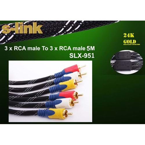 S-link SLX-951 5m Gold Kılıflı 3lü RCA Video Kablo