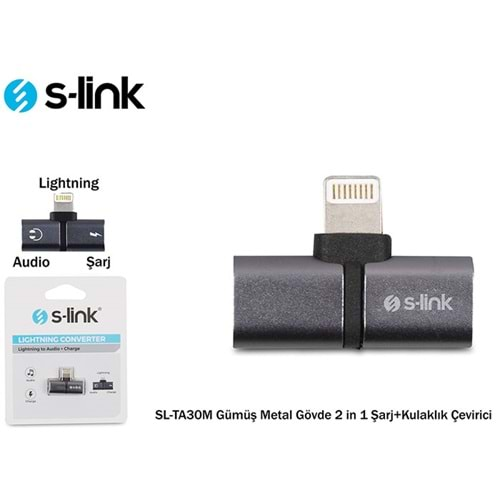 S-link SL-TA30M Lightning Gümüş Metal Gövde 2 in 1 Şarj+Kulaklık Çevirici