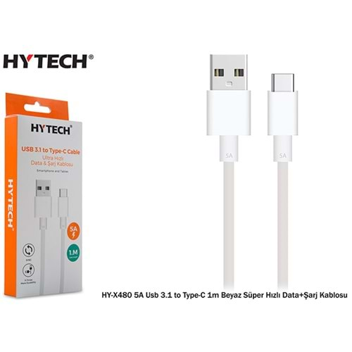 Hytech HY-X480 5A Usb 3.1 to Type-C 1m Beyaz Süper Hızlı Data+Şarj Kablosu