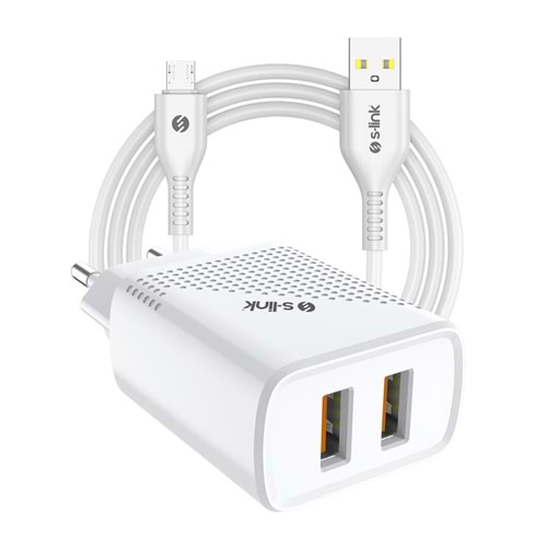 S-link SL-EC50 (SL-EC50M) Micro Kablolu 5V 2400MA 2 USB Çıkışlı Beyaz Ev Şarj Adaptörü