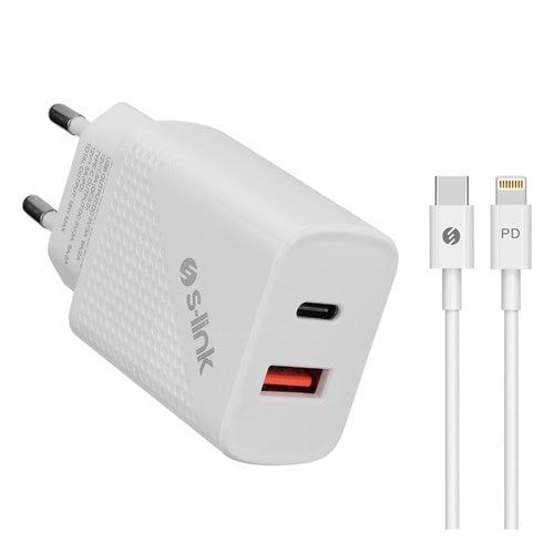 S-link SW-C1130X Lightning PD Kablo 18W PD3.0/Quick Charge QC3.0 Type USB-C +USB A Beyaz Hızlı Şarj Adaptörü