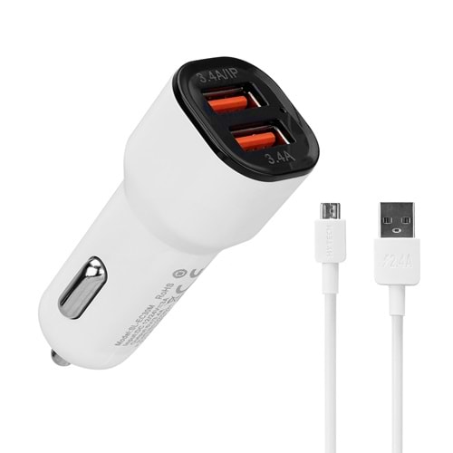 S-link SL-EC30M Micro USB Kablolu 3.4A 2 USB Beyaz Araç Şarj Cihazı