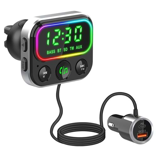 S-link SL-BT405 RGB Bluetooth V5.0 Geniş Led Ekran+TF Kart Çİft USB QC3.0 ve PD18W Hızlı Şarj FM Transmitter