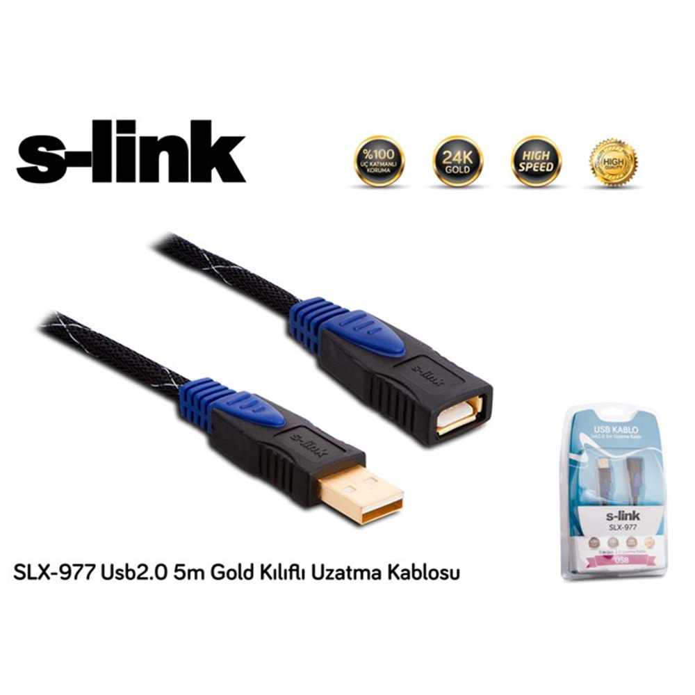 S-link SLX-977 Usb2.0 5m Gold Kılıflı Uzatma Kablosu