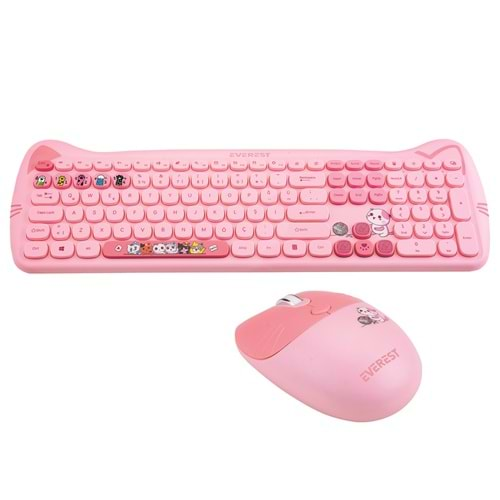 Everest KM-6283 CATTY Renkli Tuşlu Pembe Kablosuz Q Multimedia Klavye + Mouse + Pad Set