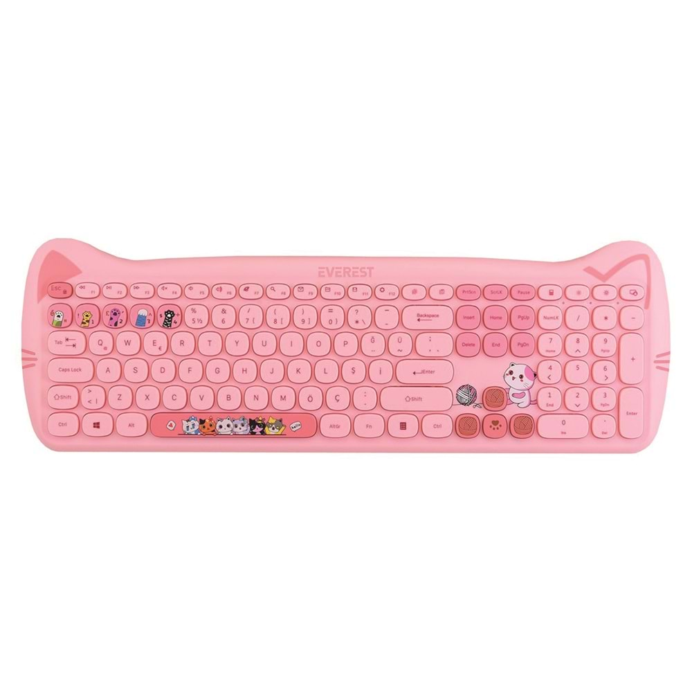 Everest KM-6283 CATTY Renkli Tuşlu Pembe Kablosuz Q Multimedia Klavye + Mouse + Pad Set