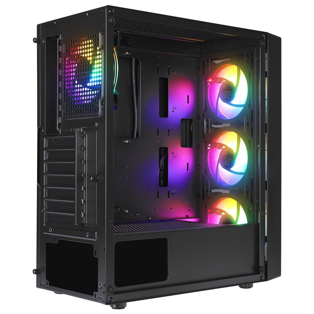 Rampage SLIDER Mesh LED Şerit Temperli Cam Siyah 4*12cm Sabit RGB Fan ATX Mid-T Gaming Oyuncu Kasası